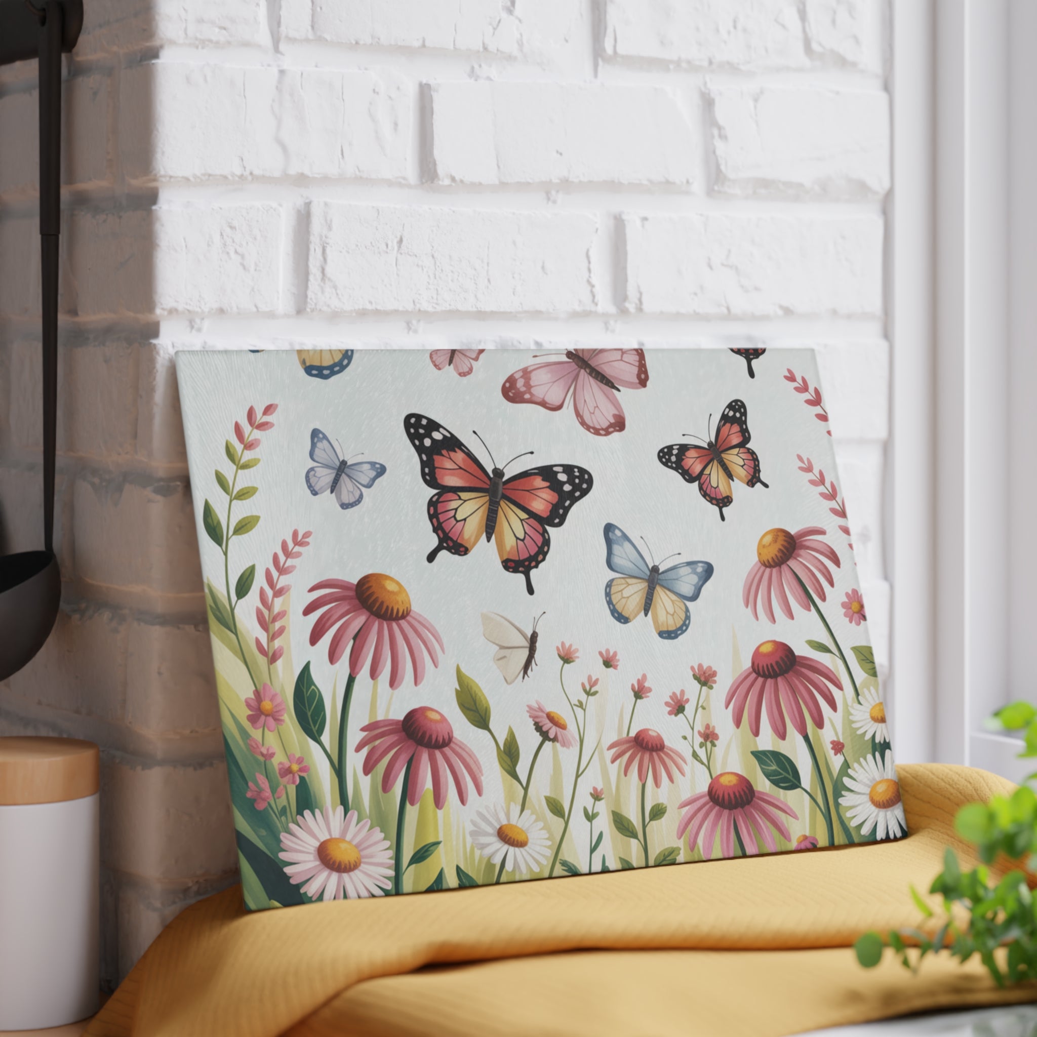 Butterflies and Wildflowers Glass Cutting Board | Floral Kitchen Decor