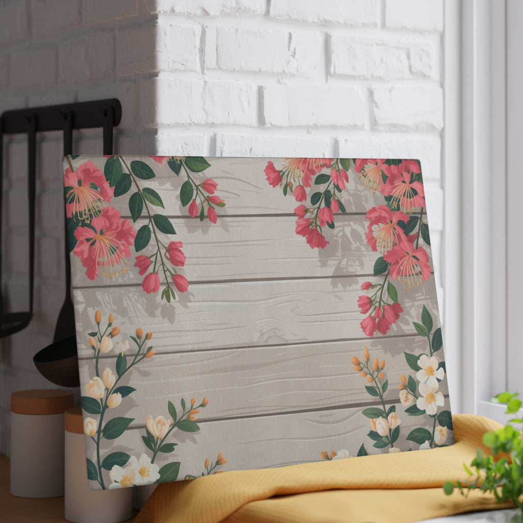 Pink Floral Wood Plank Glass Cutting Board | Floral Kitchen Decor