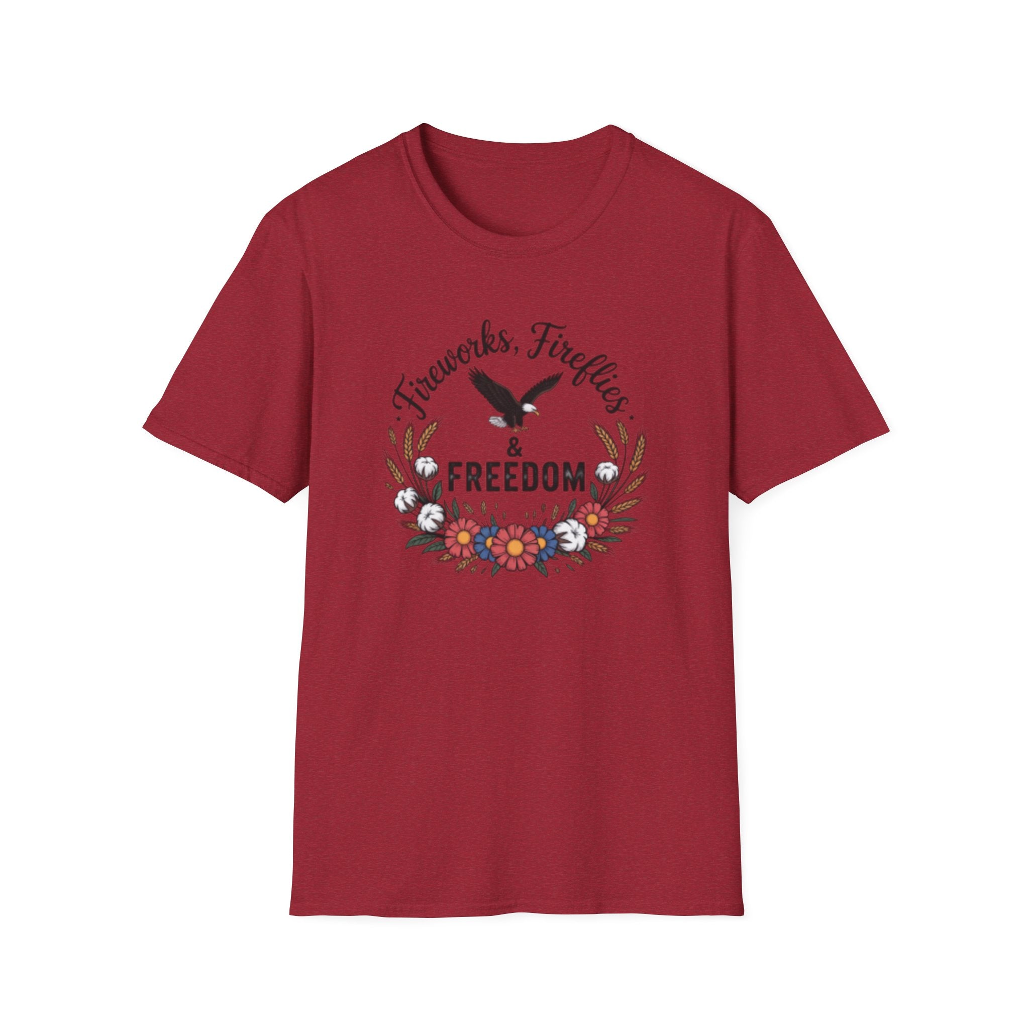 Fireworks Fireflies Freedom T-Shirt | Eagle Floral Wreath