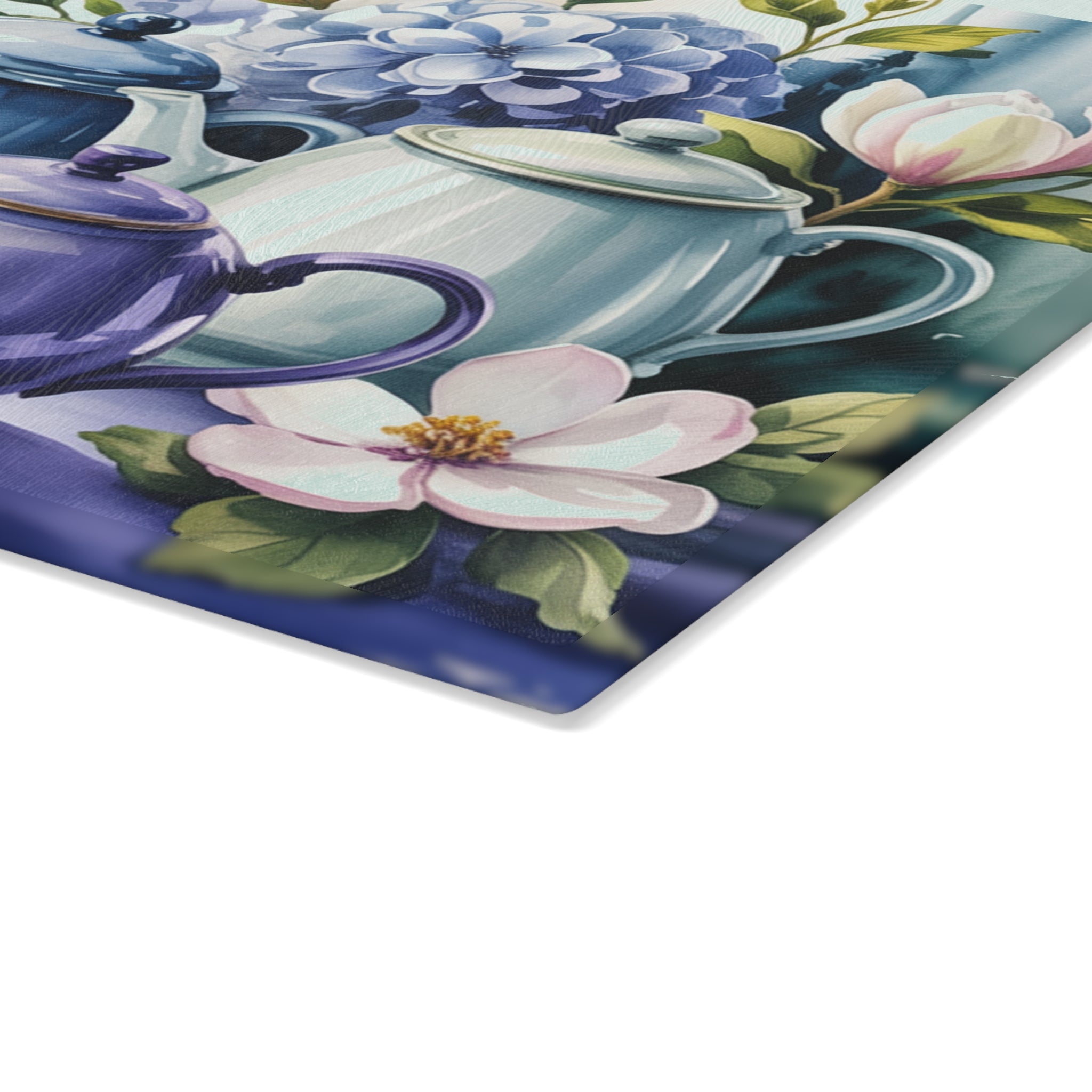 Vintage Teapot Floral Glass Cutting Board | Blue Hydrangea Magnolia