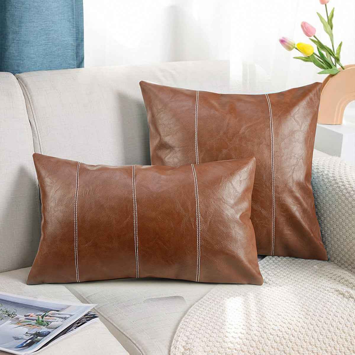 PU Leather Stitching Throw Pillow Cover
