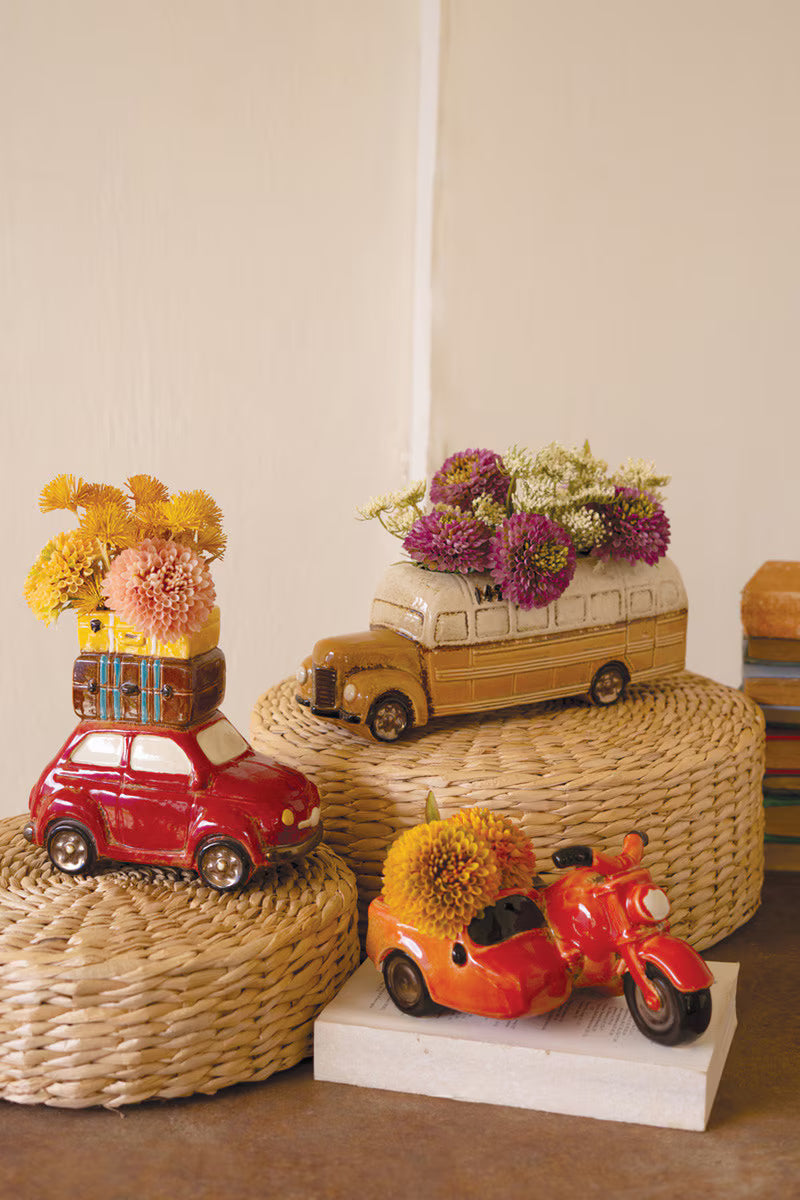 Ceramic Motorcycle with Sidecar Planter – Glossy Orange Glazed Succulent Pot