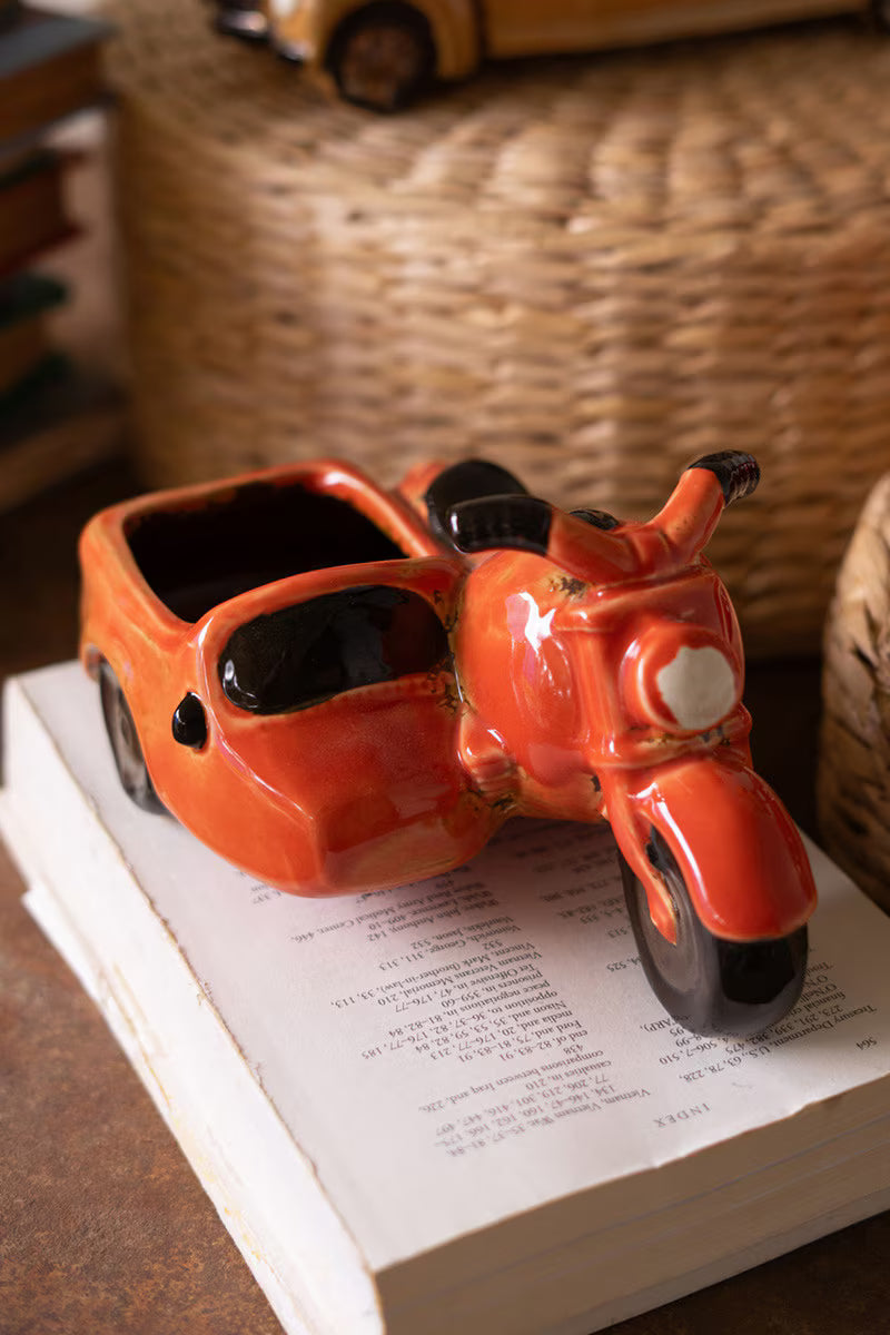 Ceramic Motorcycle with Sidecar Planter – Glossy Orange Glazed Succulent Pot