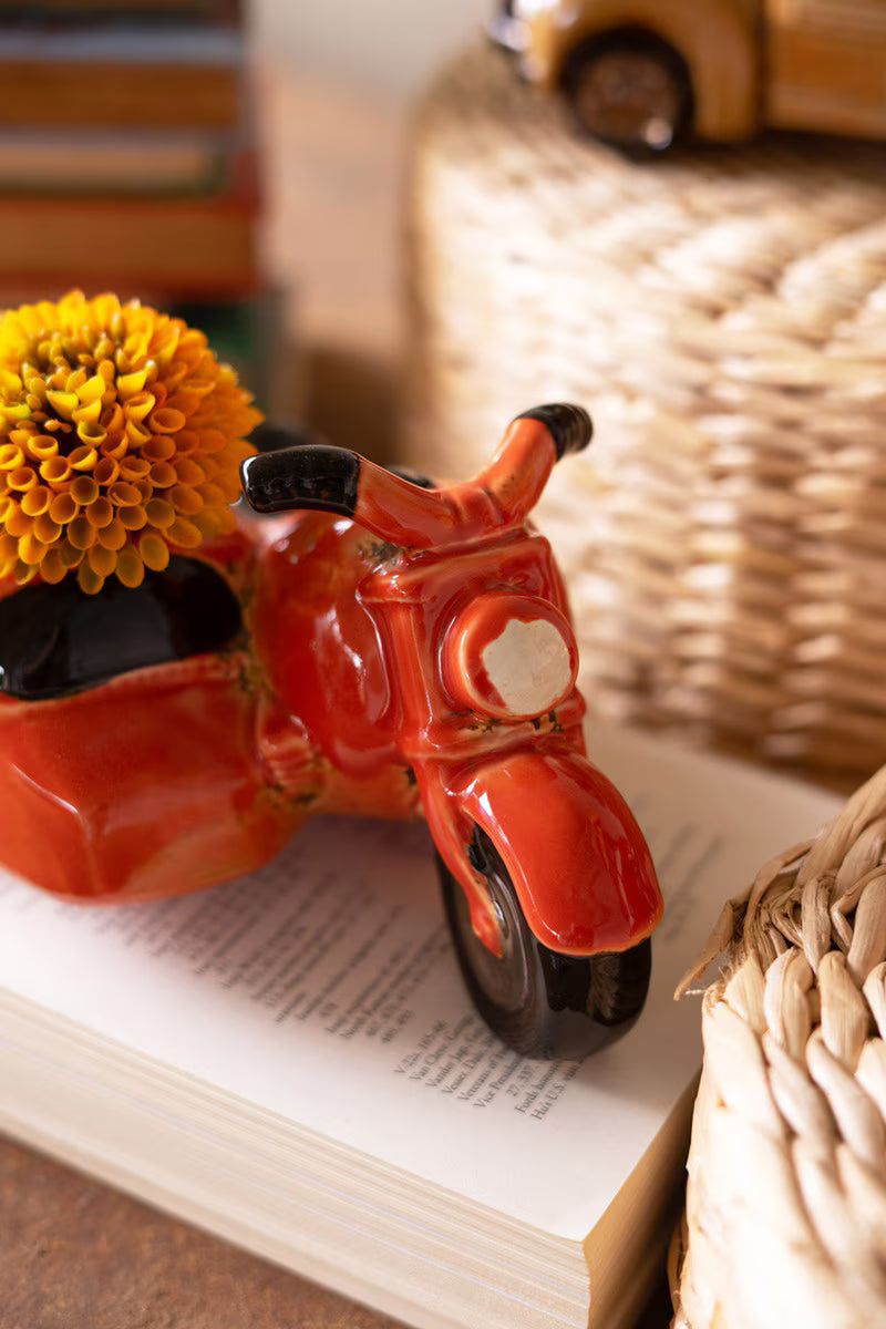 Ceramic Motorcycle with Sidecar Planter – Glossy Orange Glazed Succulent Pot