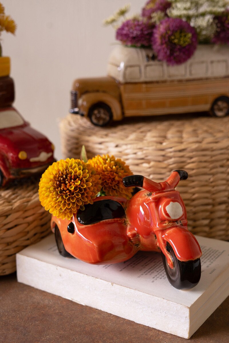 Ceramic Motorcycle with Sidecar Planter – Glossy Orange Glazed Succulent Pot