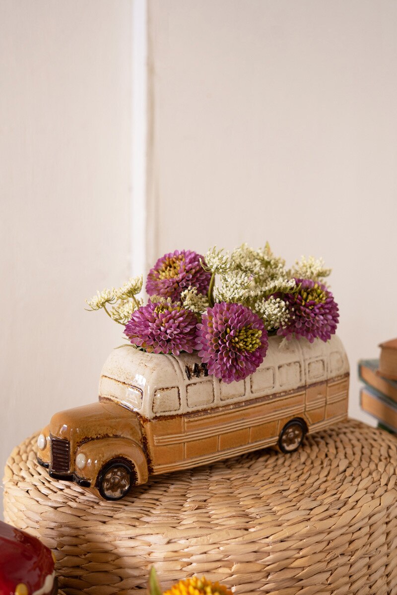 Ceramic Yellow School Bus Planter – Glazed Whimsical Succulent Pot