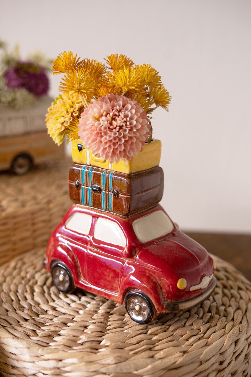 Red Ceramic Car with Luggage Planter – Vintage Travel-Themed Succulent Pot