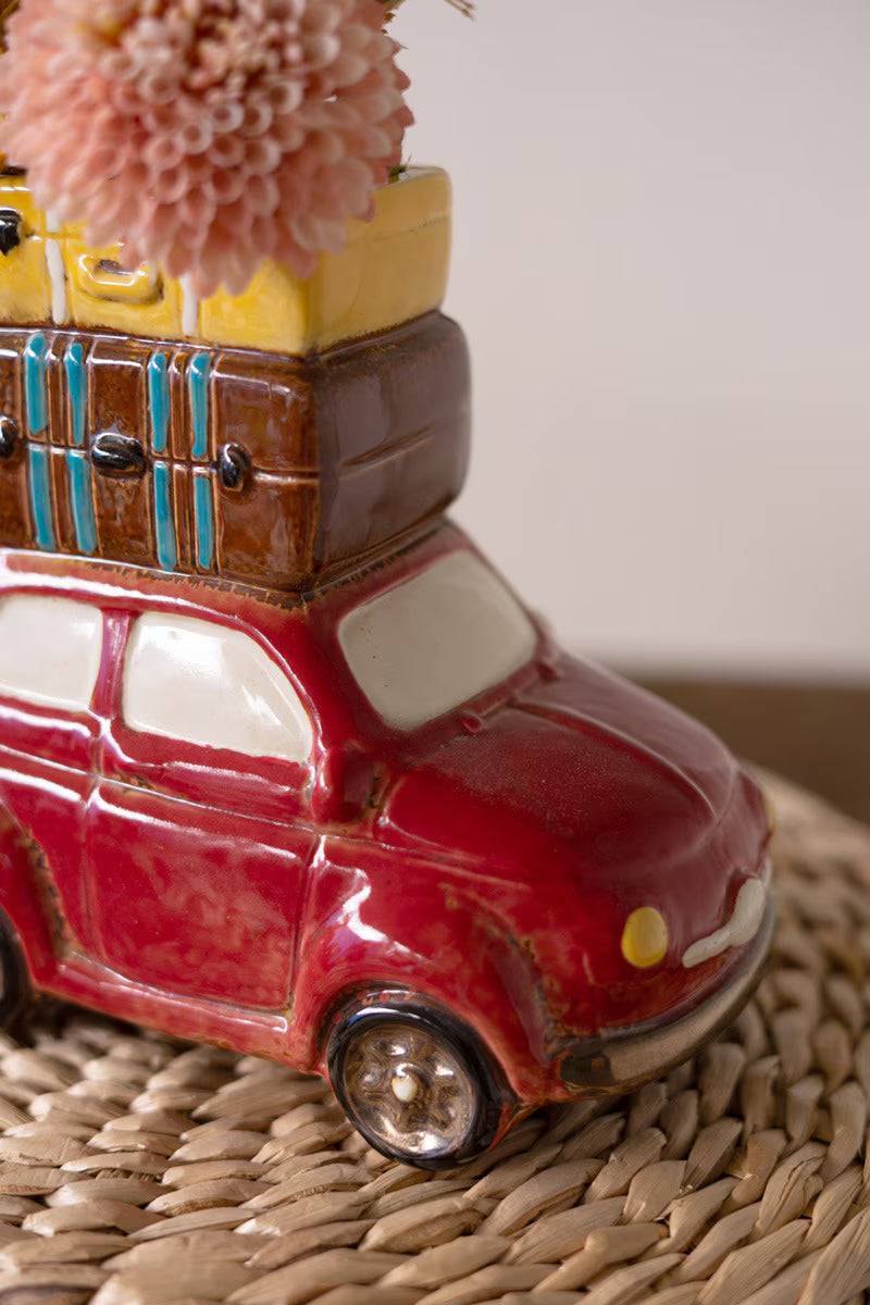 Red Ceramic Car with Luggage Planter – Vintage Travel-Themed Succulent Pot