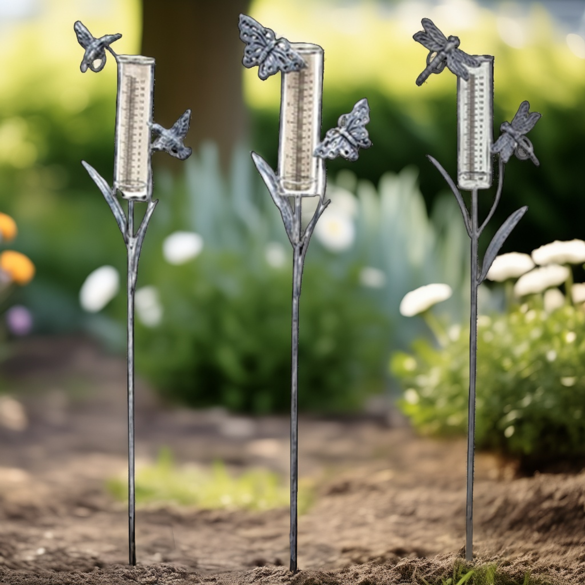 Distressed Metal Rain Gauge Garden Stake 38"