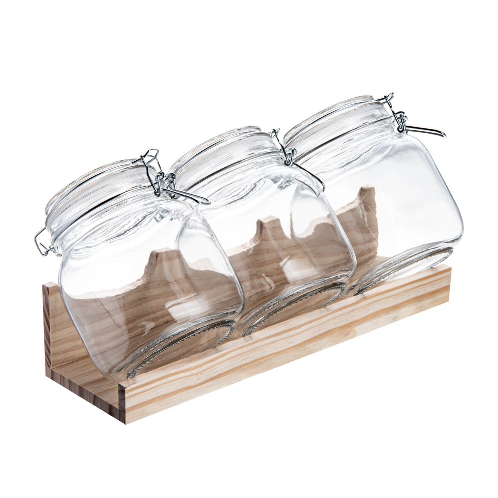 Glass Storage Jar Set with Wood Holder – 3 Piece