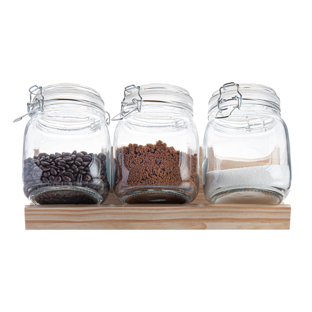 Glass Storage Jar Set with Wood Holder – 3 Piece