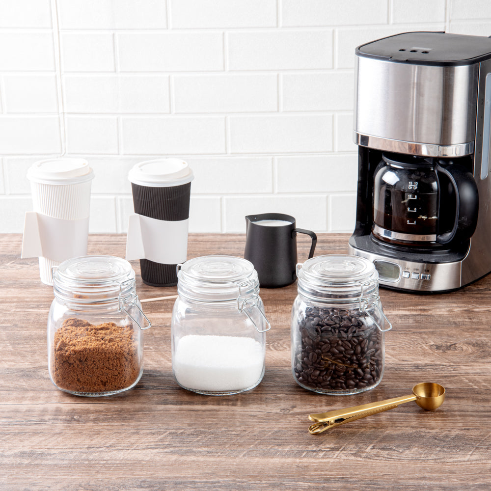 Glass Storage Jar Set with Wood Holder – 3 Piece