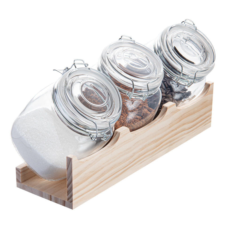 Glass Storage Jar Set with Wood Holder – 3 Piece
