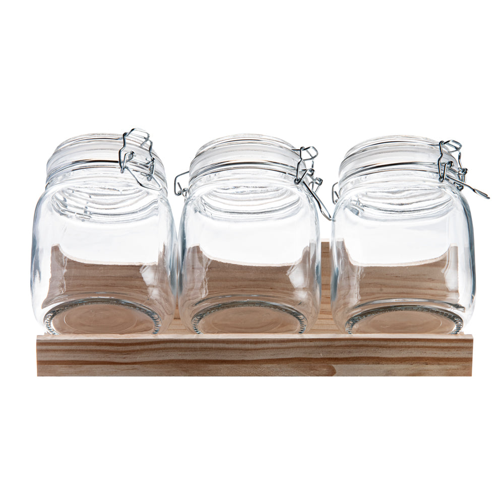 Glass Storage Jar Set with Wood Holder – 3 Piece
