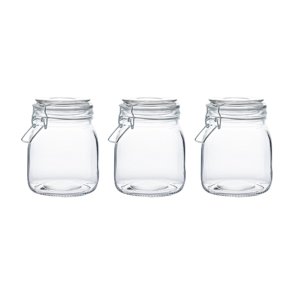 Glass Storage Jar Set with Wood Holder – 3 Piece