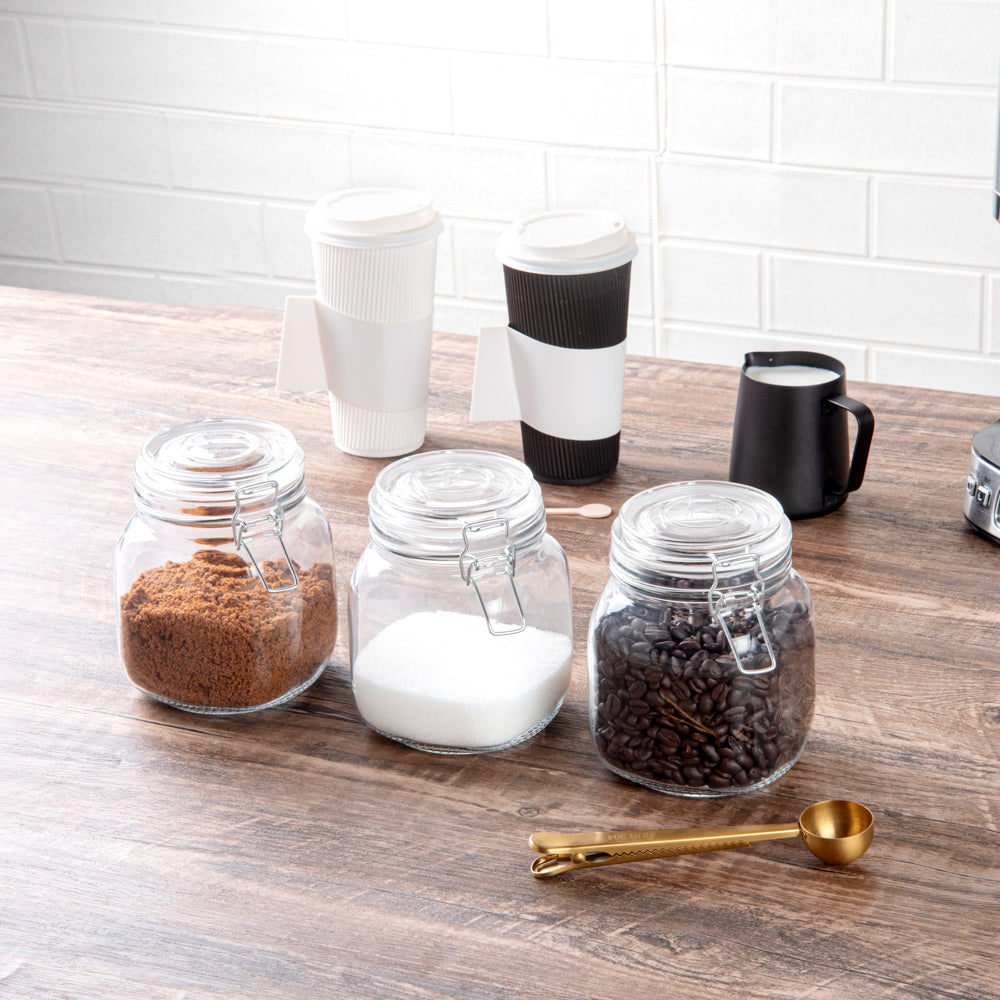Glass Storage Jar Set with Wood Holder – 3 Piece