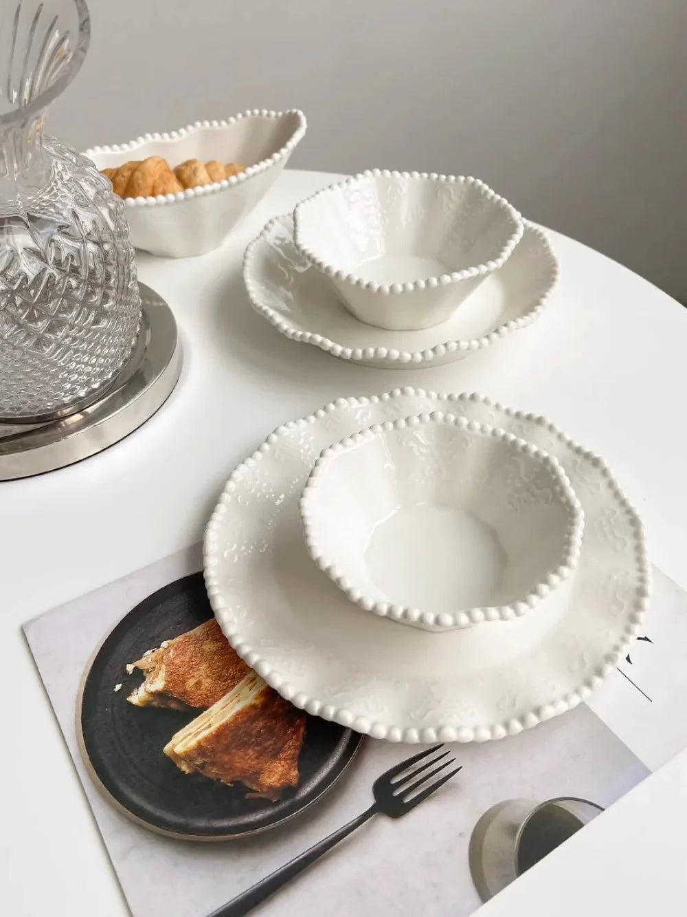 Ceramic Pearl Plates & Bowls Breakfast Set
