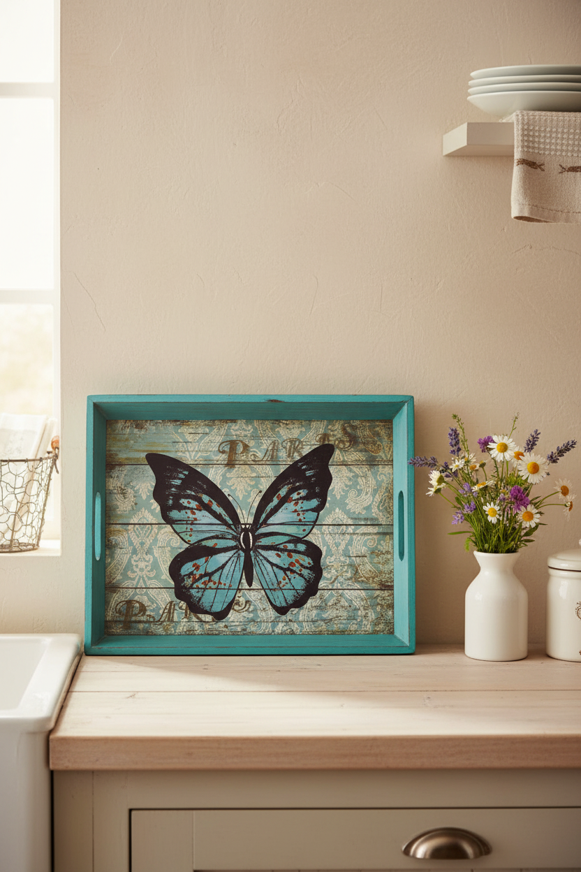 Blue Butterfly Tray Leaning Against Wall