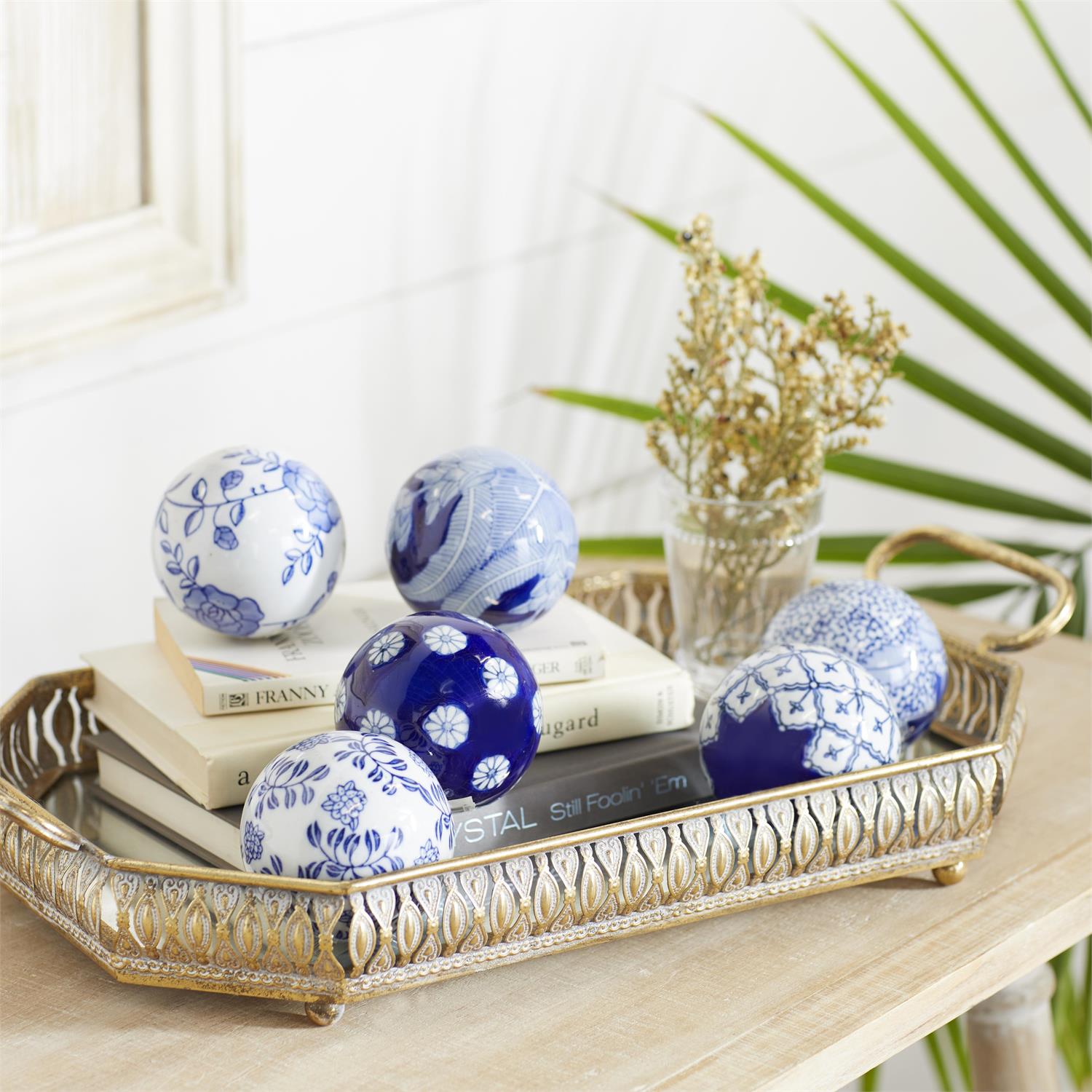 Blue Ceramic Floral Handmade Glossy Decorative Orbs & Vase Filler