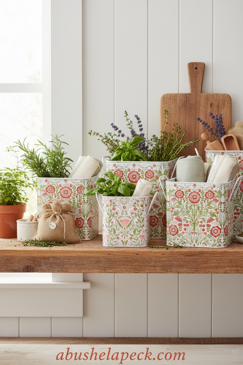 Botanical Folk Art Metal Storage Bin (Assorted Sizes)