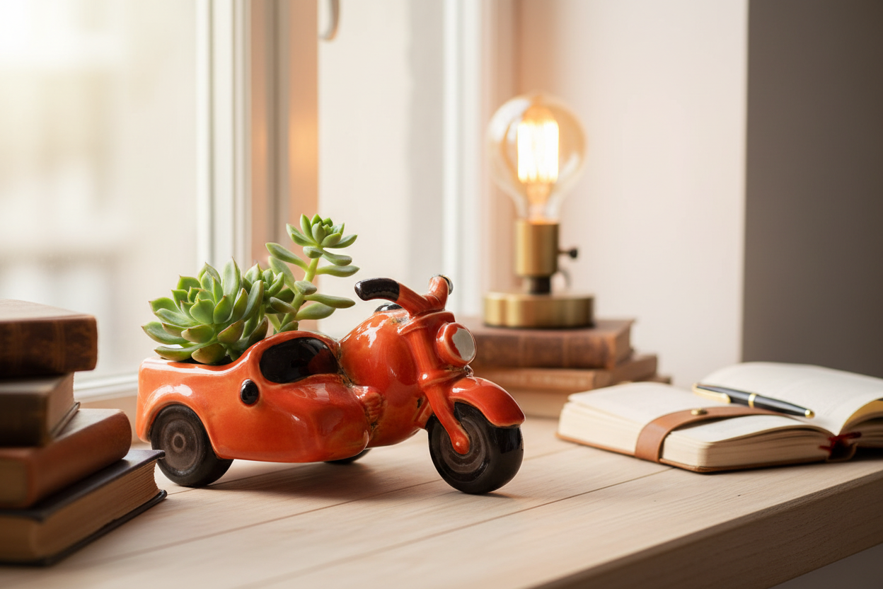 Ceramic Motorcycle with Sidecar Planter Lifestyle