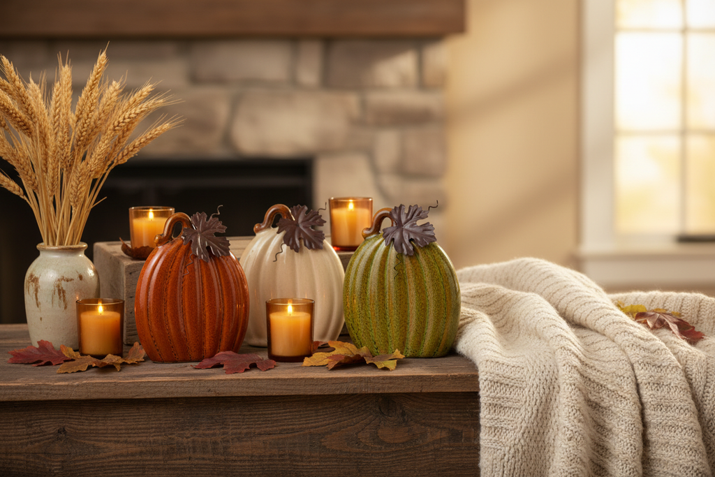 Ceramic Pumpkin with Metal Leaf – Lifestyle