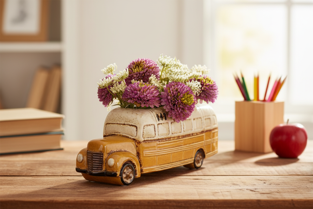 Ceramic Yellow School Bus Planter Lifestyle