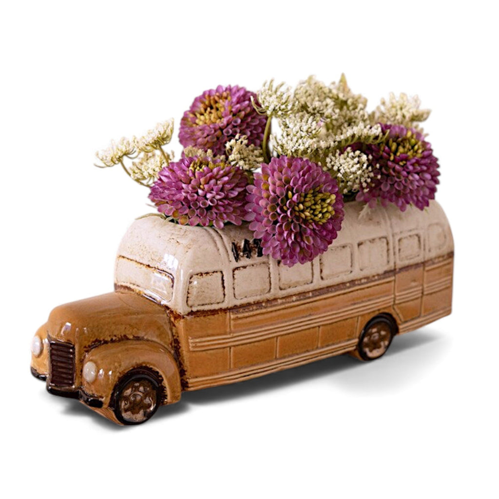 Ceramic Yellow School Bus Planter – Glazed Whimsical Succulent Pot