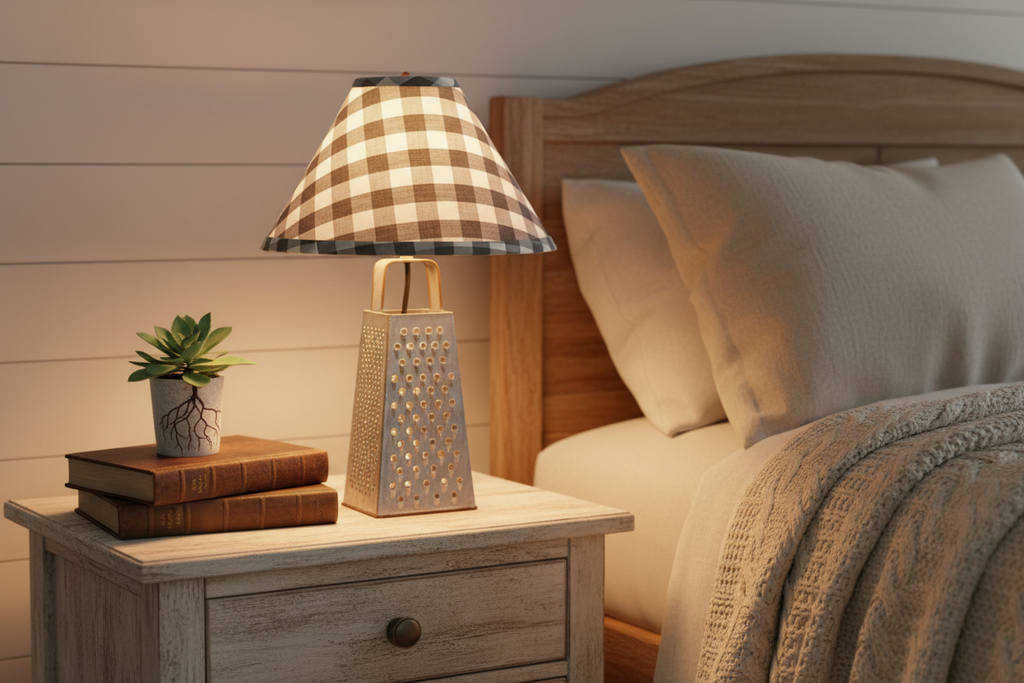 Cheese Grater Lamp with Gray Check Shade