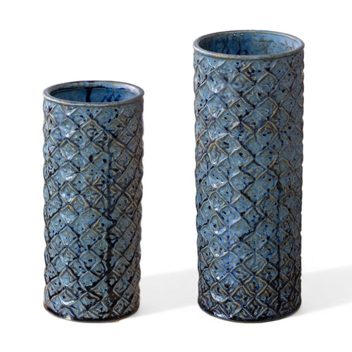Blue Ceramic Diamond Pattern Vase – Glossy Textured Home Accent