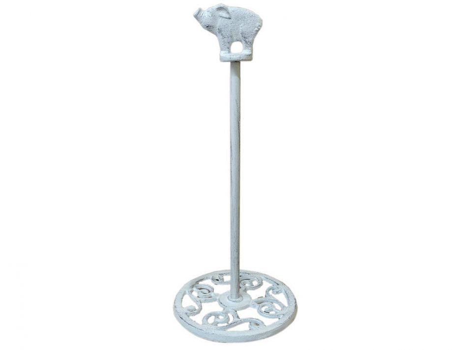 Whitewashed Cast Iron Pig Toilet Paper Stand 15"