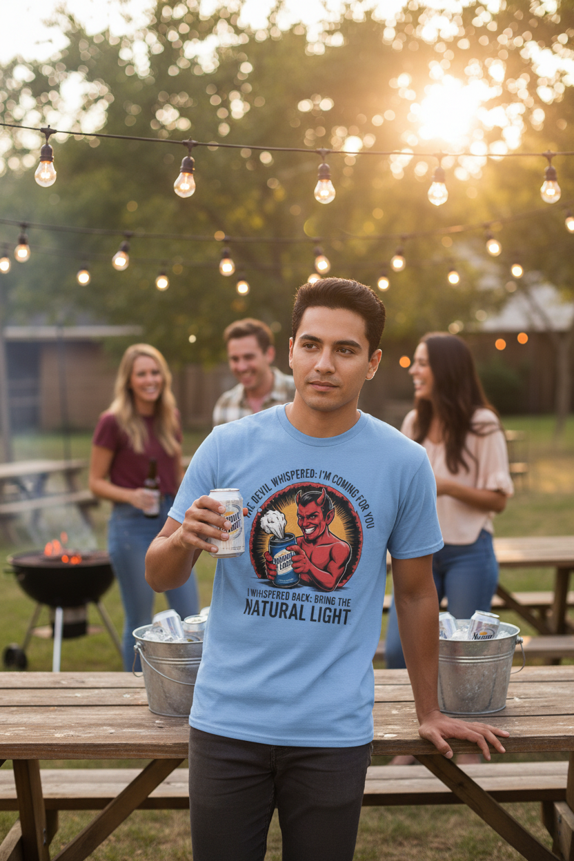 Devil Holding Beer Can T-Shirt Lifestyle Photo
