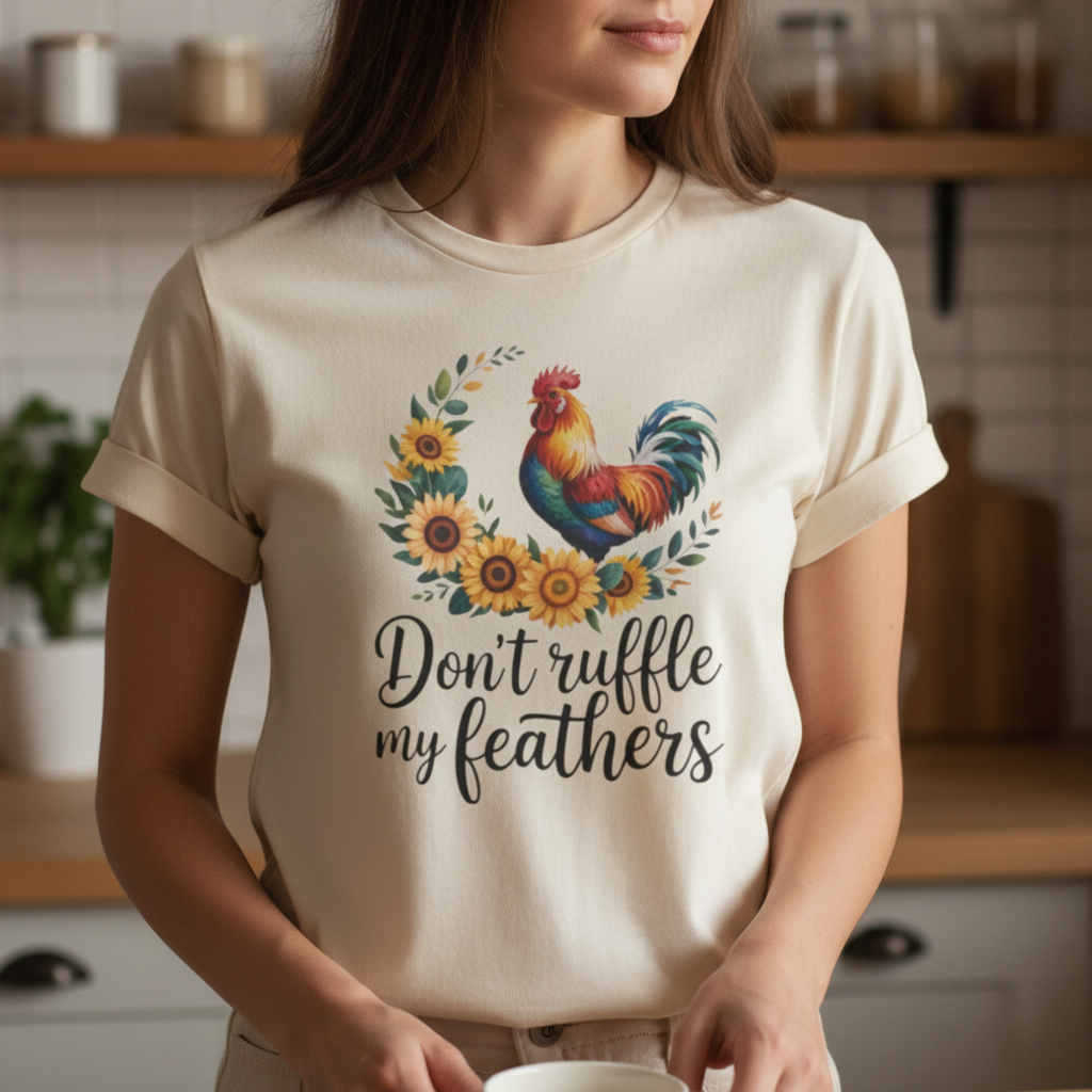 Don't Ruffle My Feathers Tee — Woman, Full Front, Tight Crop