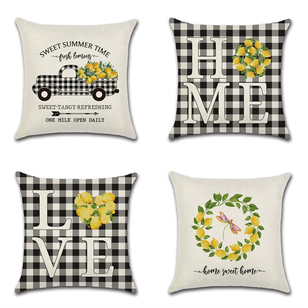 Black & White Plaid Floral Linen Throw Pillow Cover 18x18"