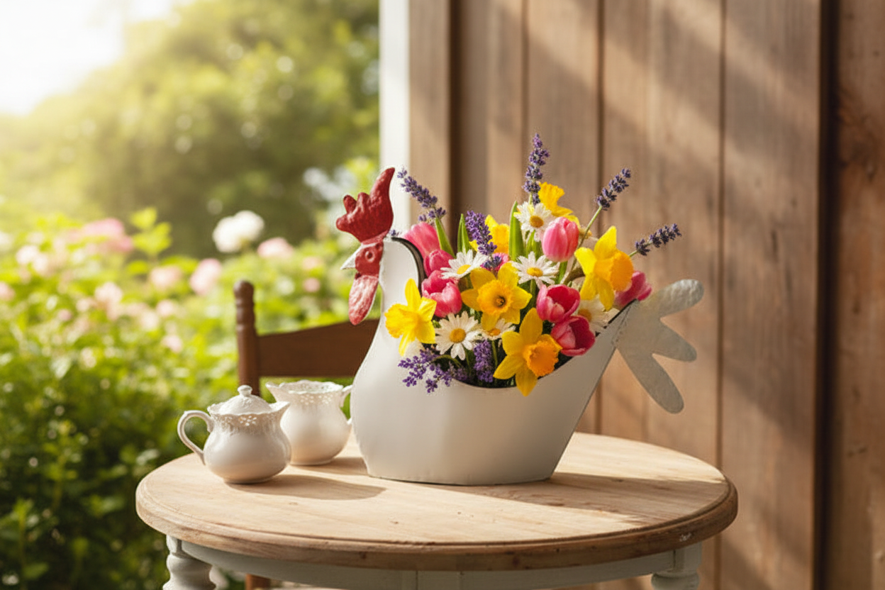 Farmhouse Rooster Planter Container Lifestyle Image