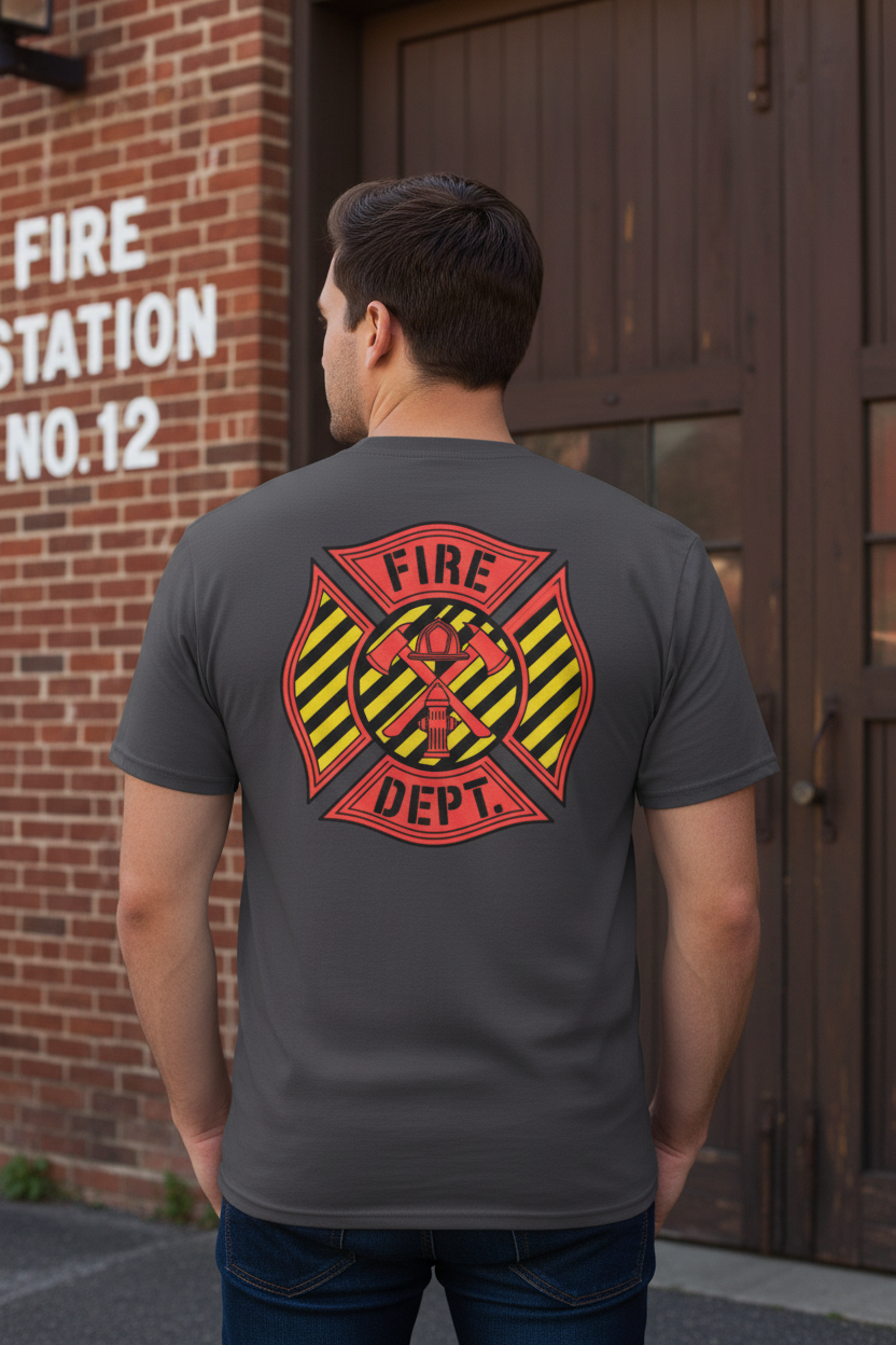 Fire Dept Maltese Cross Tee — Back Graphic Lifestyle Shot