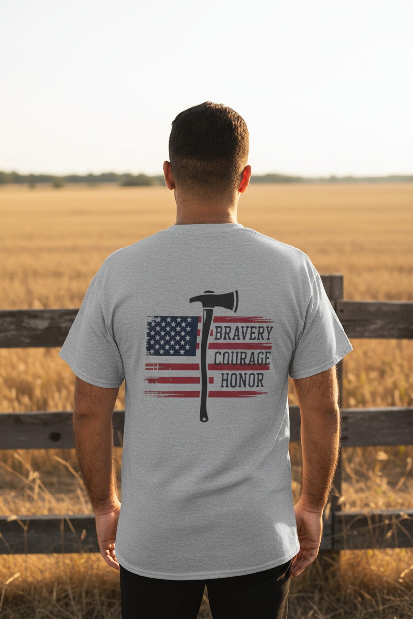 Firefighter Flag Tee — Back Graphic Lifestyle Shot