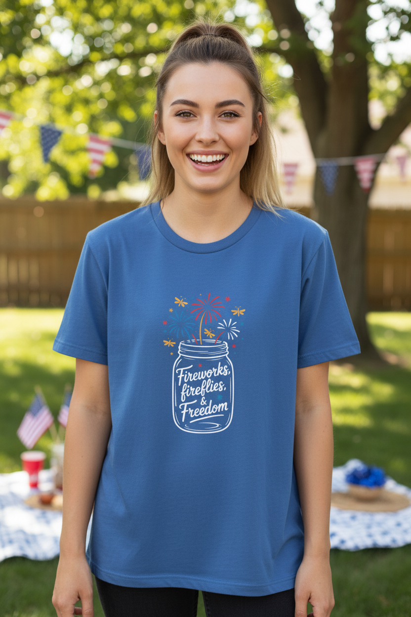 Fireworks Tee – Blue, Ponytail Model