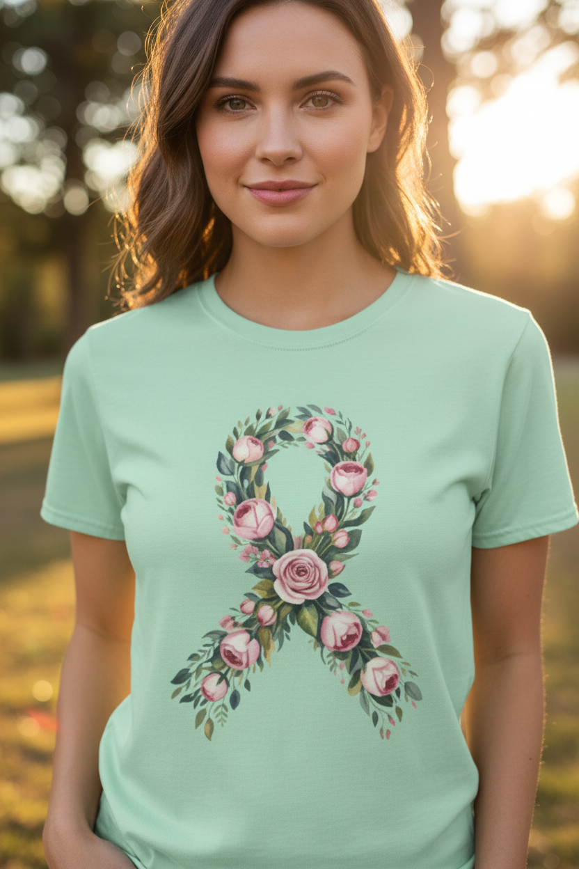 Floral Awareness Ribbon Tee — On Model with Background