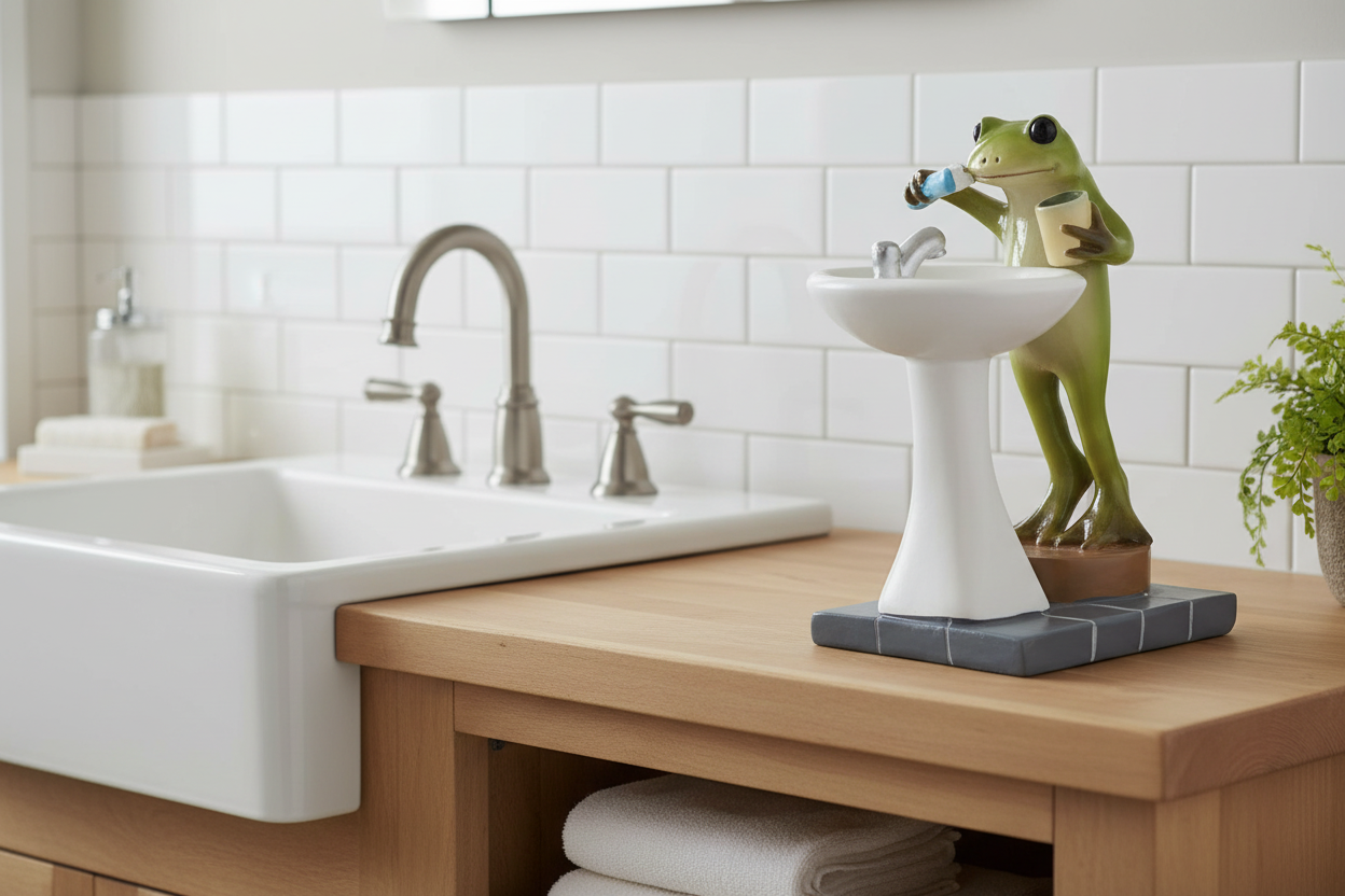 Frog Figurine in Bathroom Scene