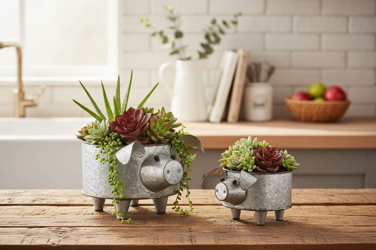 Galvanized Metal Pig Succulent Planter Lifestyle Image