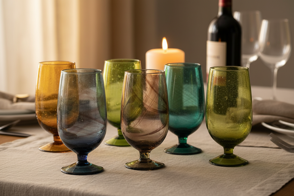 Hand-Blown Stemmed Wine Glasses Dinner Setting