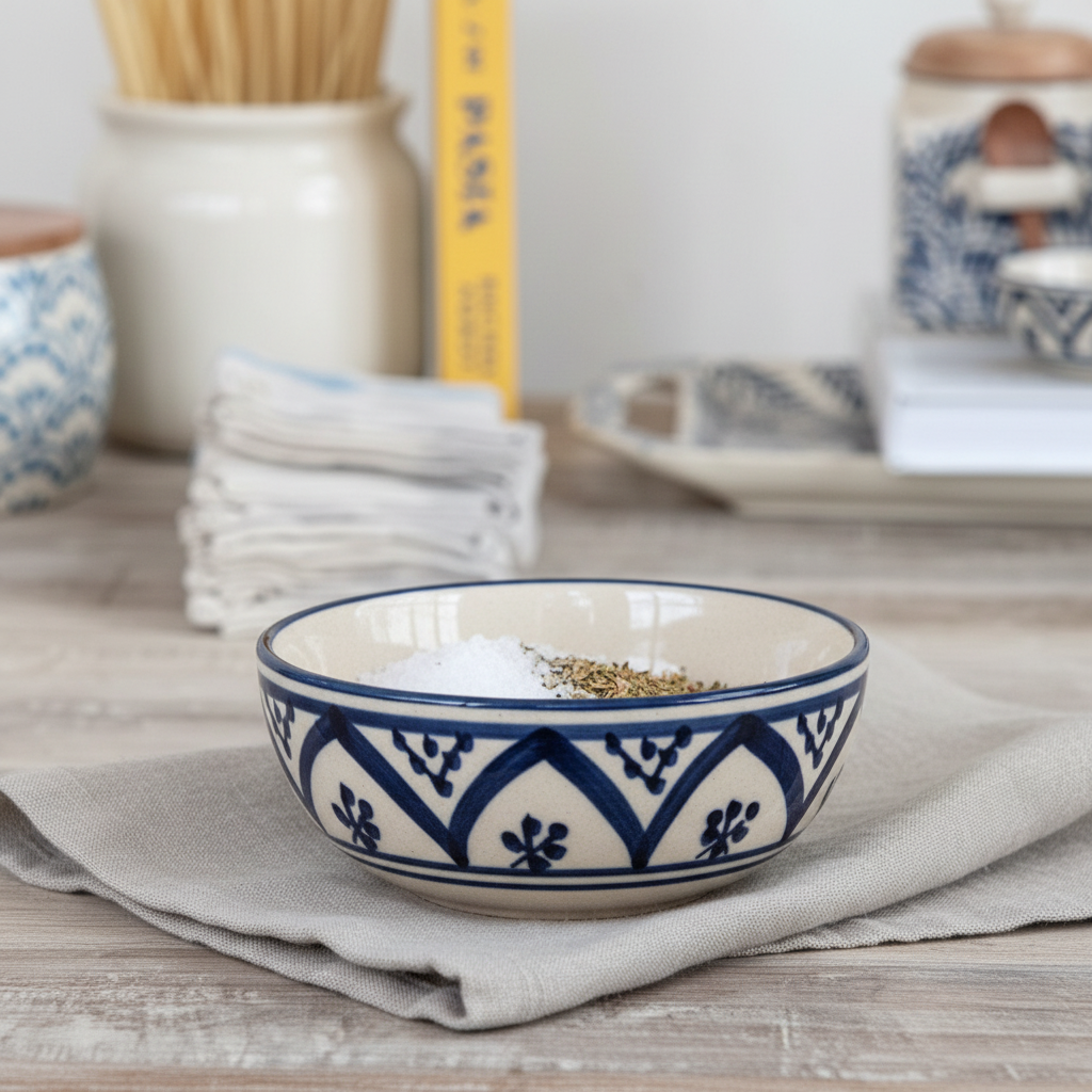 Hand-Painted Blue and Cream Stoneware Pinch Bowl Lifestyle