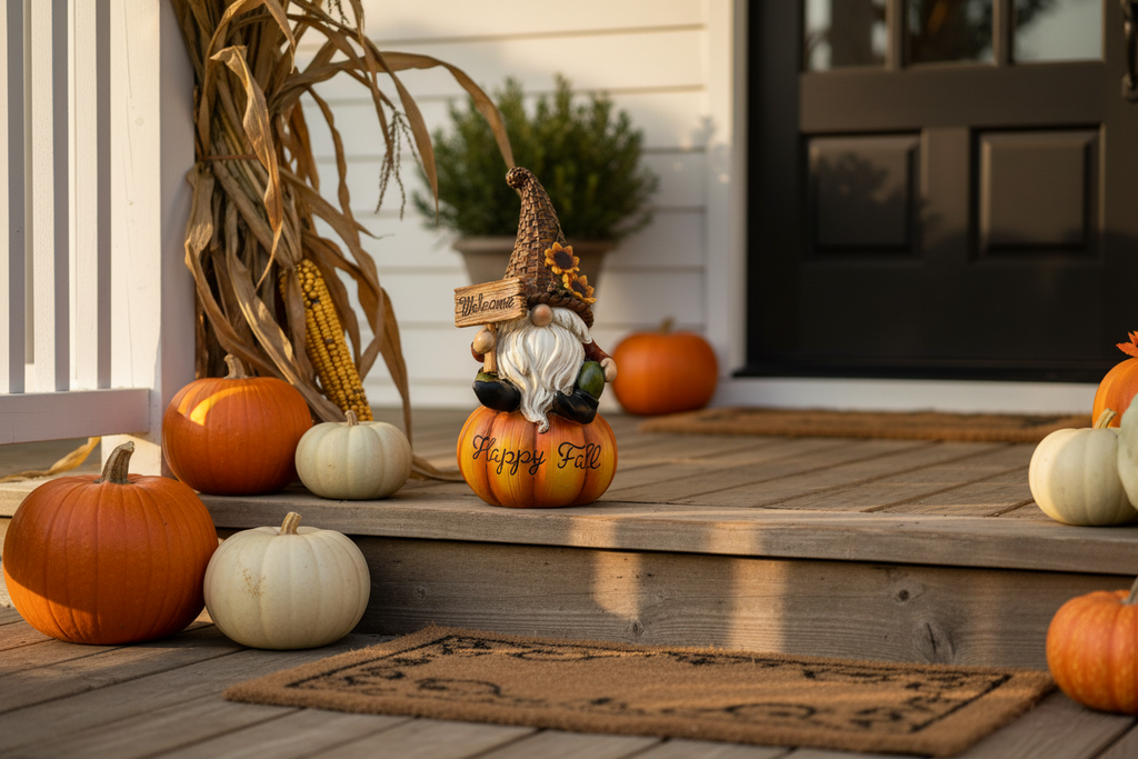 Welcome Fall Gnome on Pumpkin styled on a rustic farmhouse front porch with real pumpkins and autumn decor
