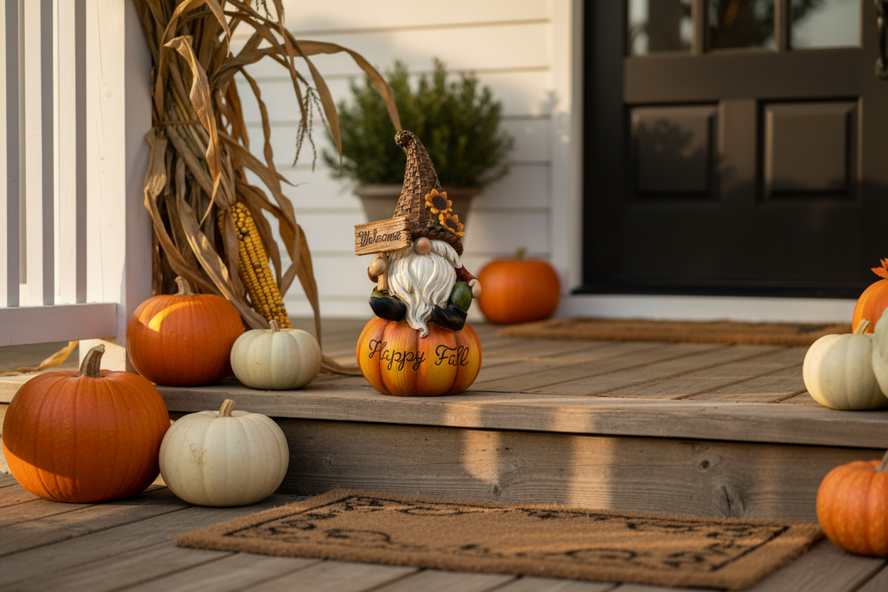 Welcome Fall Gnome on Pumpkin styled on a rustic farmhouse front porch with real pumpkins and autumn decor