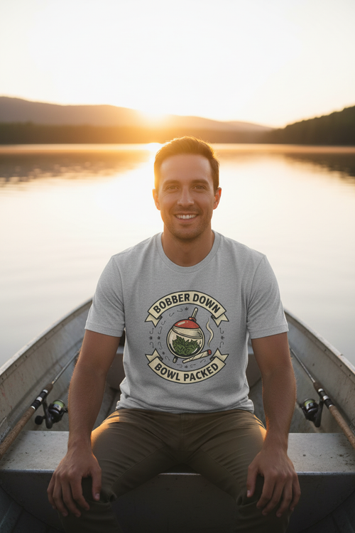 Bobber Down Bowl Packed T-Shirt lifestyle photo - person in fishing boat