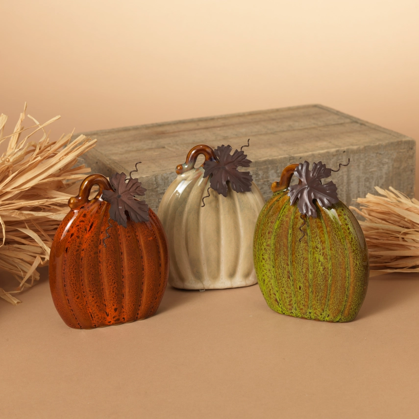 Ceramic Pumpkin with Metal Leaf – 6 Inch