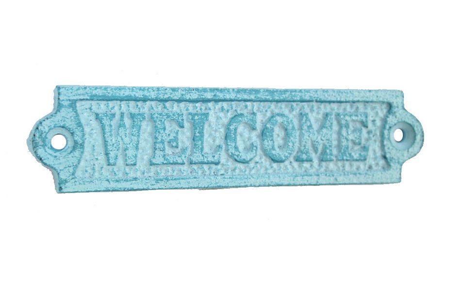 Rustic Light Blue Cast Iron Welcome Sign 6"