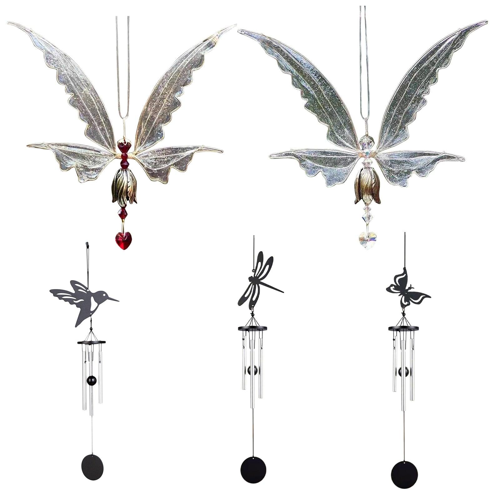 Crystal Guardian Angel Wing Sun Catcher with Wind Chimes