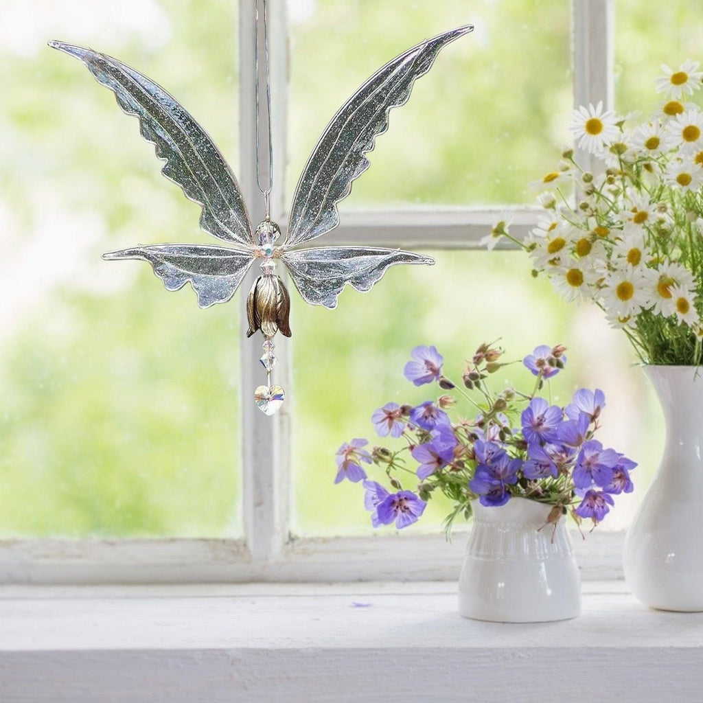 Crystal Guardian Angel Wing Sun Catcher with Wind Chimes